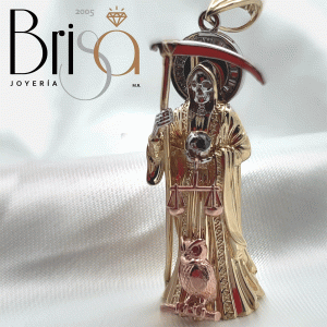 Dije Santa Muerte en Oro Sólido 10k Bicolor con Escala, Búho y Guadaña