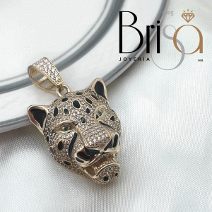 Dije Cabeza de Jaguar en Oro Sólido 10k con Detalles en Zirconia y Esmalte Negro
