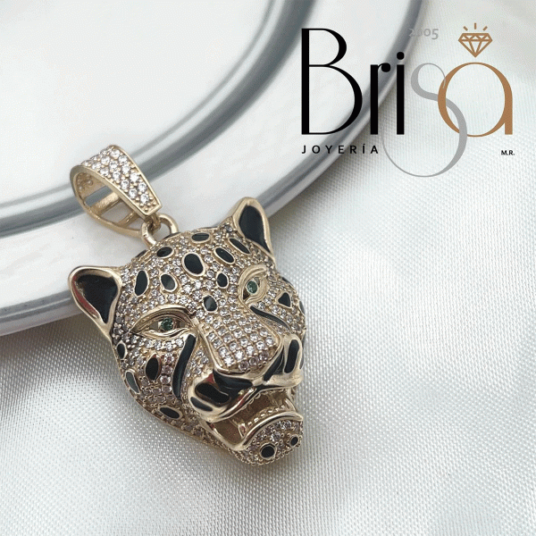 Dije Cabeza de Jaguar en Oro Sólido 10k con Detalles en Zirconia y Esmalte Negro