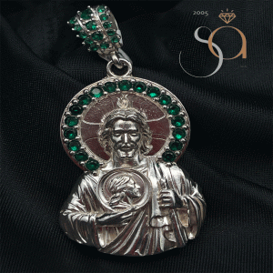 Dije San Judas con Aura Verde en Plata 925