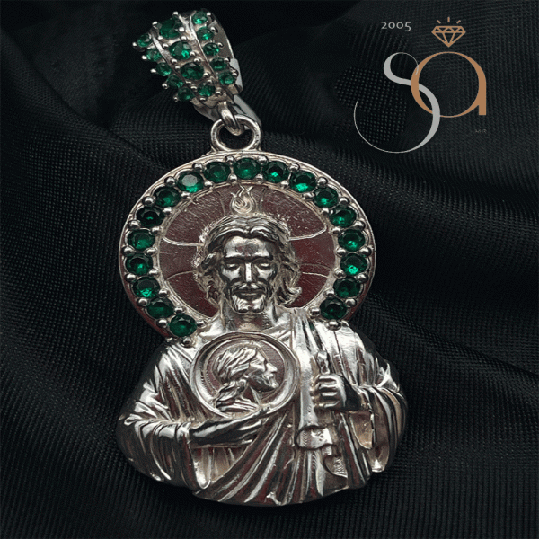 Dije San Judas con Aura Verde en Plata 925